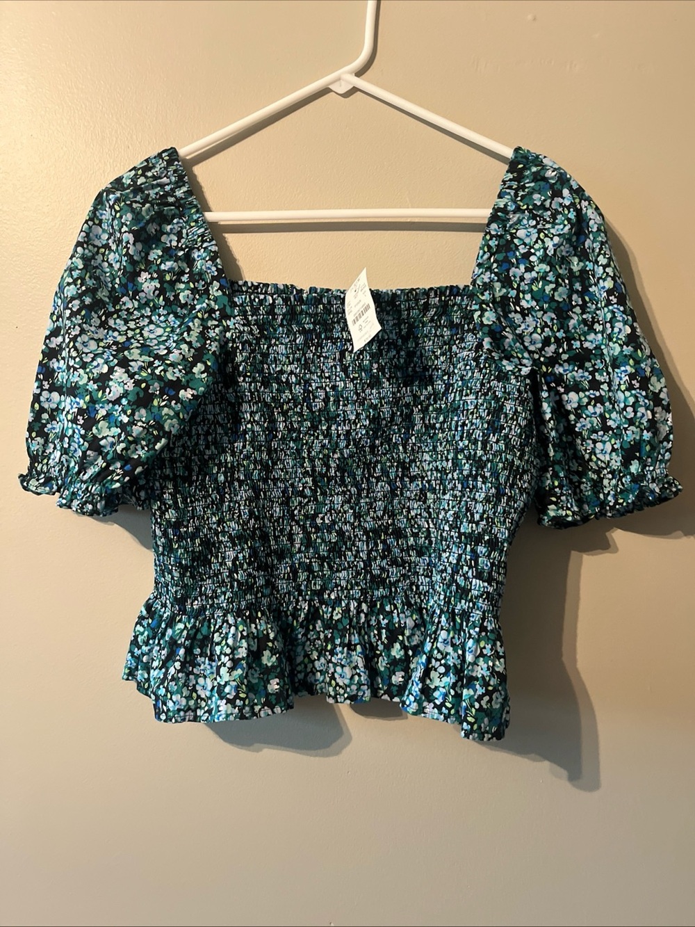 NWT! New! Women’s J.Crew Stretch Blue Ruffle Puff Sleeve Peplum Smocked Shirt L